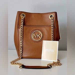 Michael Kors Samira Med Bucket Messenger Bag w/ Goldtone Chain & Leather Handles